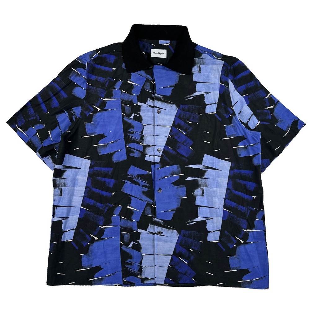 Salvatore Ferragamo Palm Print Silk Blend Button Up Shirt Men's XXL Blue Italy